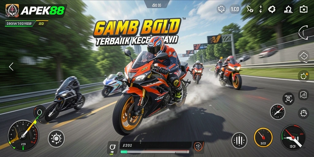 Screenshot menunjukkan aksi balap motor yang mendebarkan dalam APEK88.