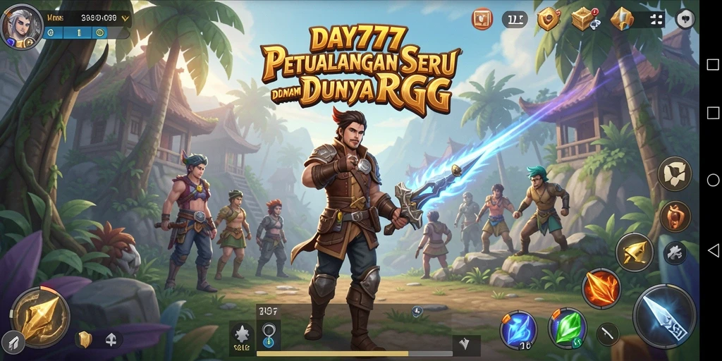 Tangkapan layar gameplay DAY777 menampilkan pertempuran epik di dunia RPG.