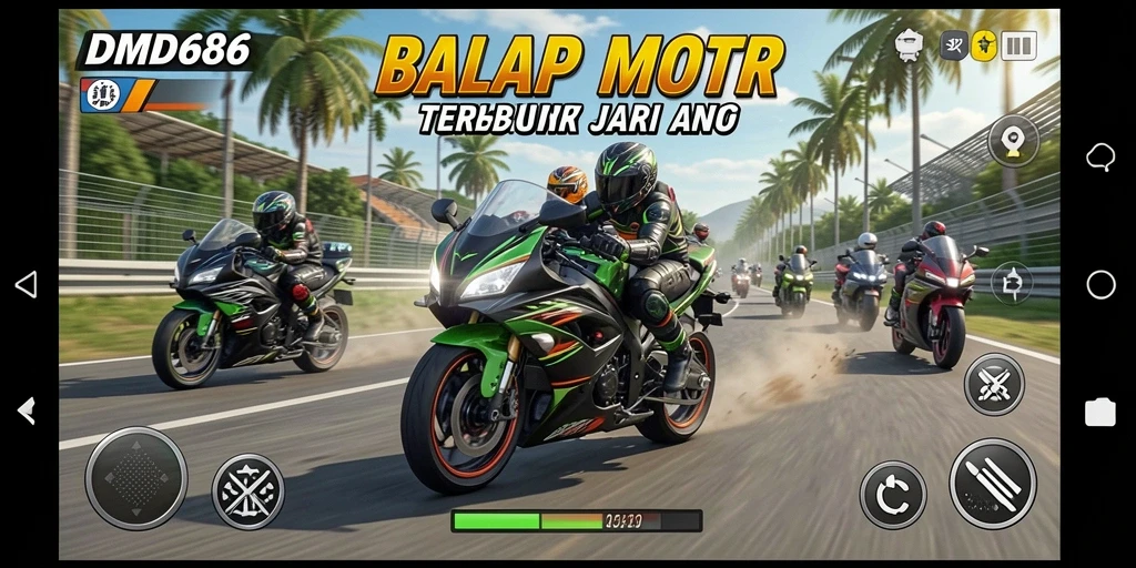 Screenshot gameplay DMD686 menunjukkan aksi balap motor yang mendebarkan.