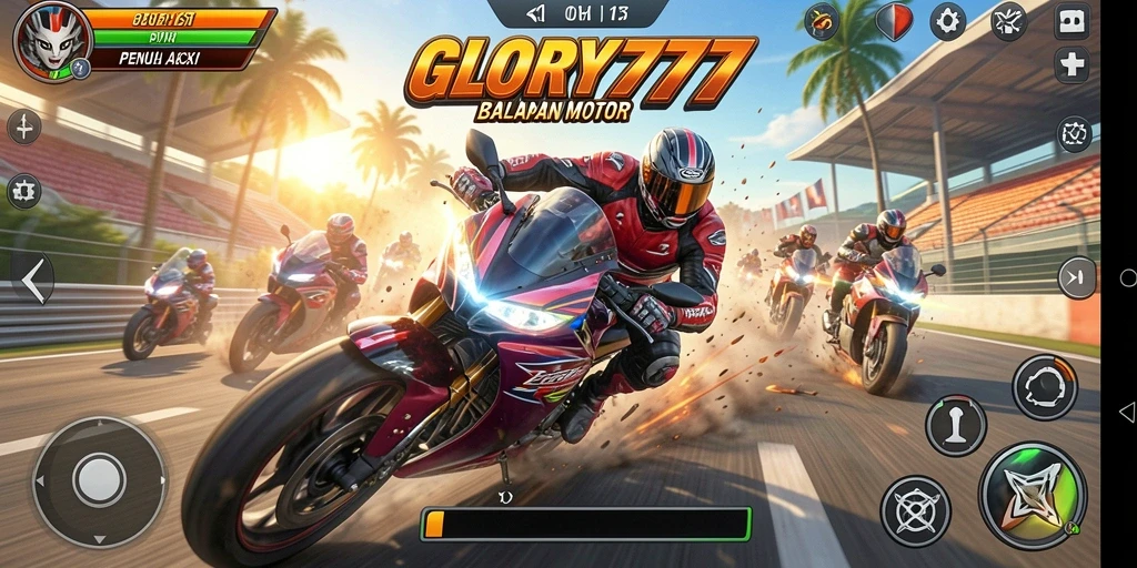 Gameplay seru GLORY777 dengan balapan motor yang mendebarkan.