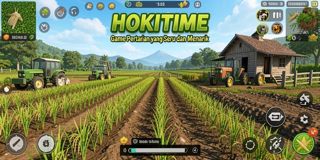 Screenshot utama HOKITIME yang menunjukkan aktivitas bertani yang seru.