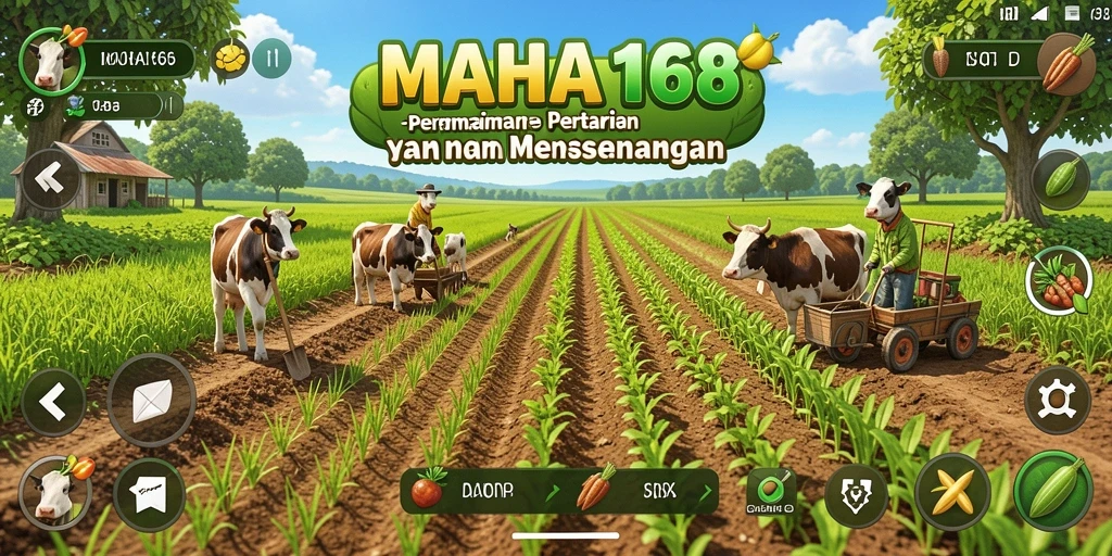 Screenshot gameplay dari MAHA168 yang menunjukkan pertanian yang indah.