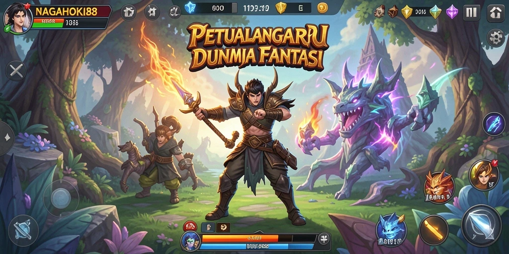 Screenshot gameplay NAGAHOKI88 menampilkan petualangan mendebarkan di dunia fantasi.
