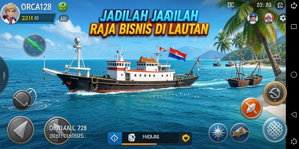 Screenshot gameplay <strong>ORCA128</strong> menampilkan armada kapal yang megah dan pelabuhan yang sibuk.